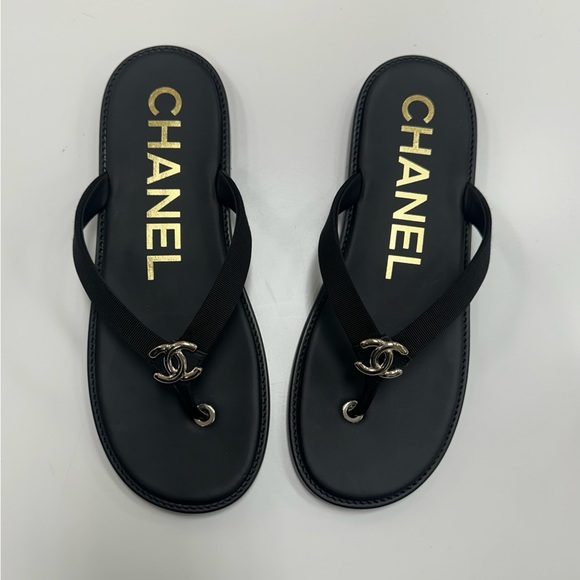 CHANEL Logo Flip Flops in Black/Gold - Picture 2 of 9